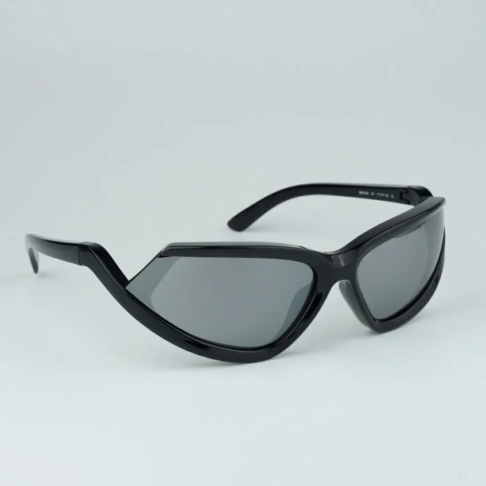 NEW Balenciaga BB0289S 001 Black Silver Mirror Wraparound Unisex Sunglasses